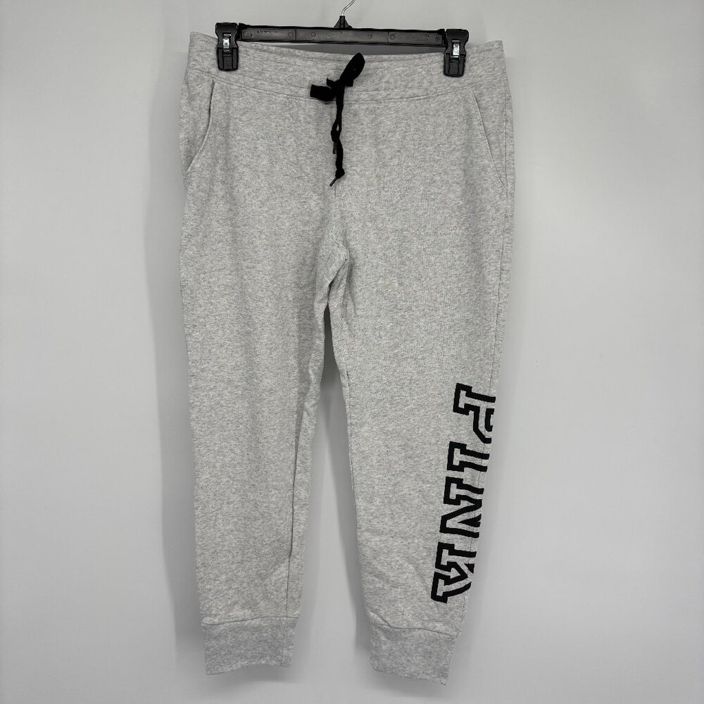 Victoria's Secret PINK Fleece Drawstring Logo Skinny Jogger Light Gray Sze L NWT - Picture 2 of 6